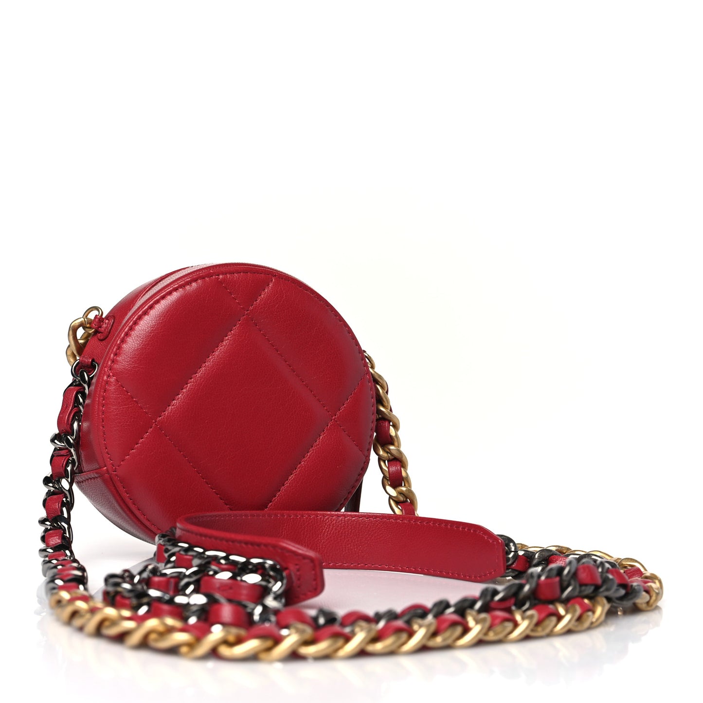 Goatskin Quilted Chanel 19 Round Clutch With Chain Red