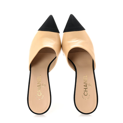 Chanel Goatskin Grosgrain Cap Toe Pearl Mule 39 Beige Black 2 of 10
