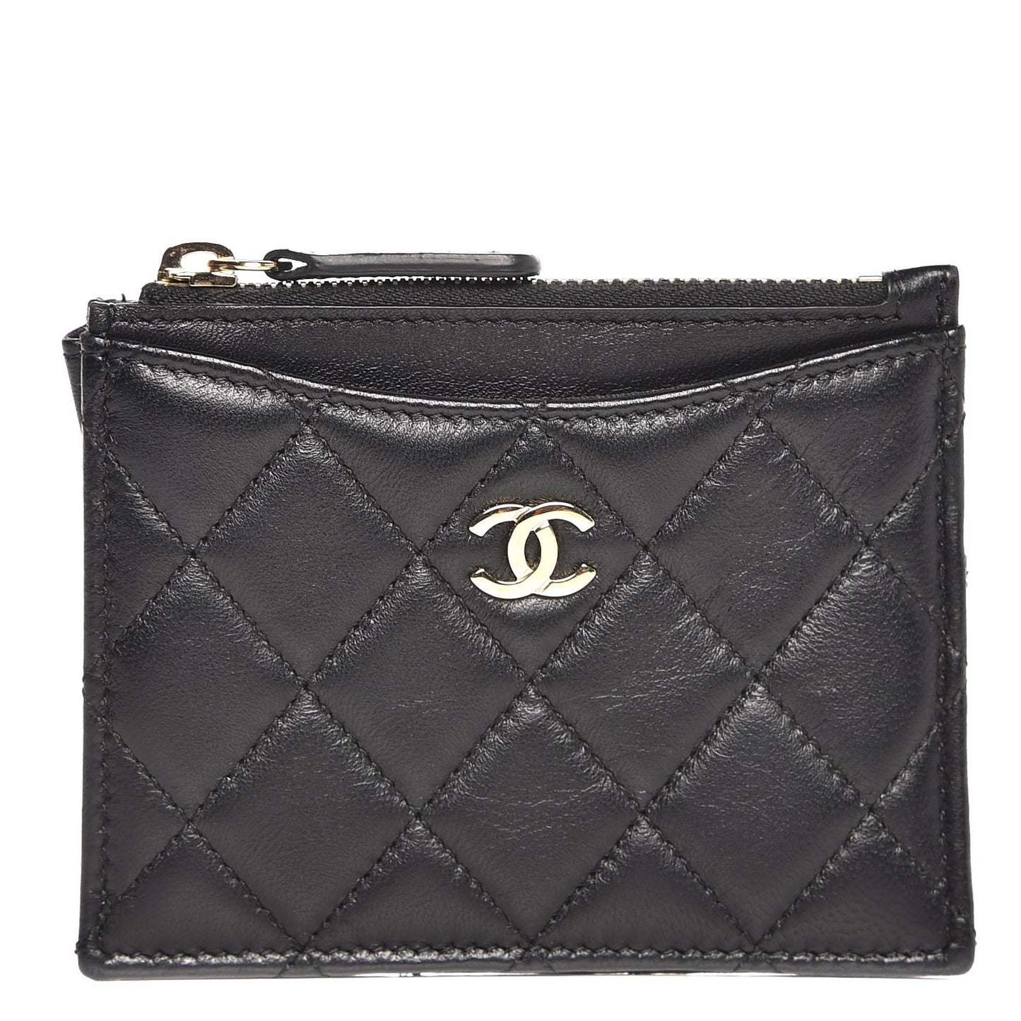 Lambskin Quilted Zip Card Holder Black