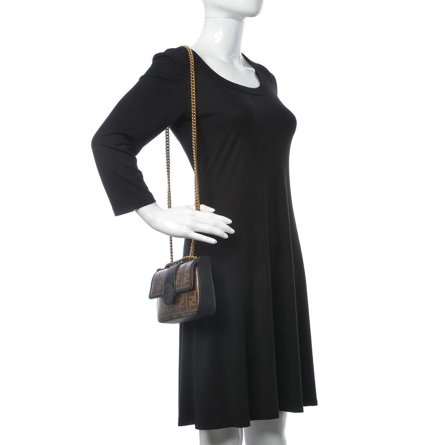 Glazed Fabric Vitello Century FF 1974 Stamp Patch Mini Double F Crossbody Bag Mogano Panna Black