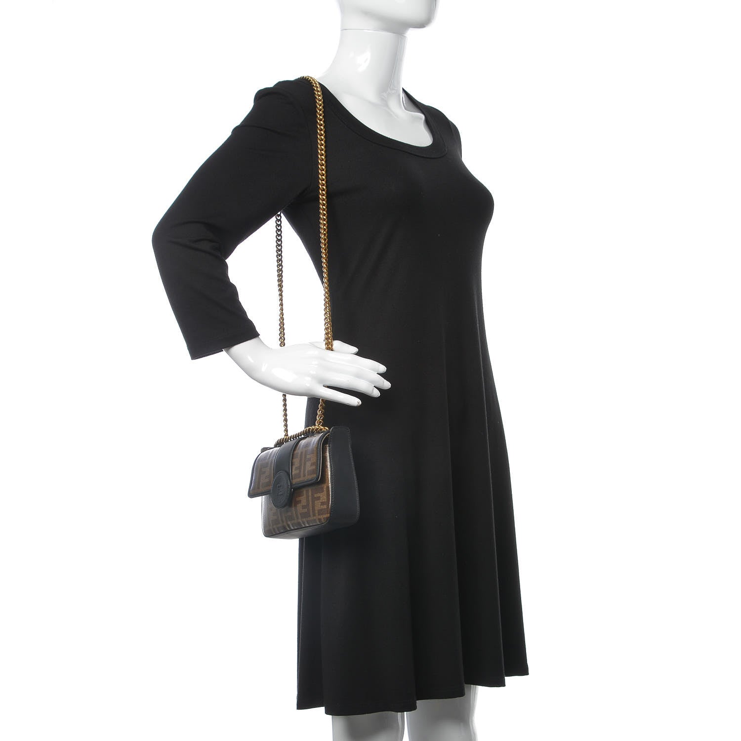 Fendi Glazed Fabric Vitello Century FF 1974 Stamp Patch Mini Double F Crossbody Bag Mogano Panna Black 2 of 9