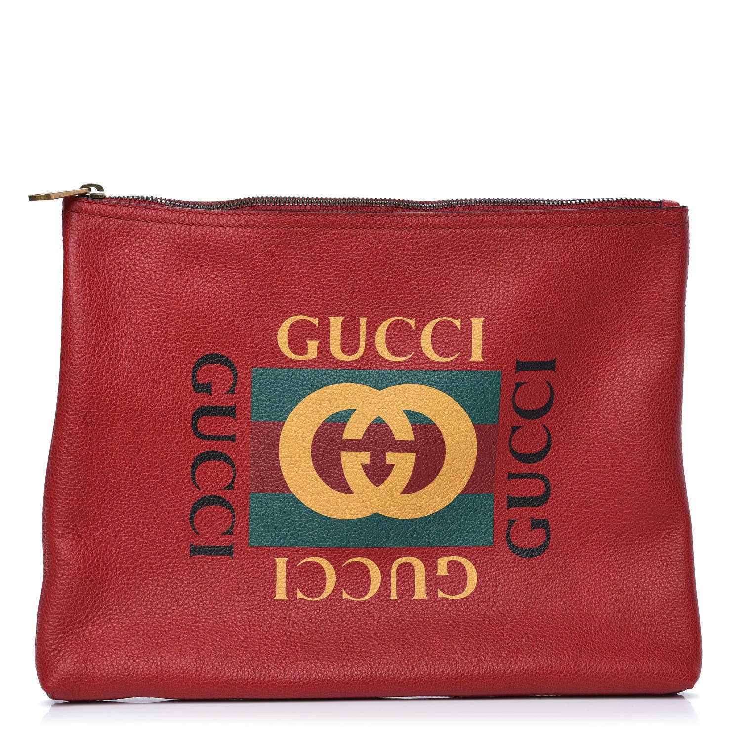 Gucci Pebbled Calfskin Medium Logo Portfolio Clutch Hibiscus Red 1 of 7