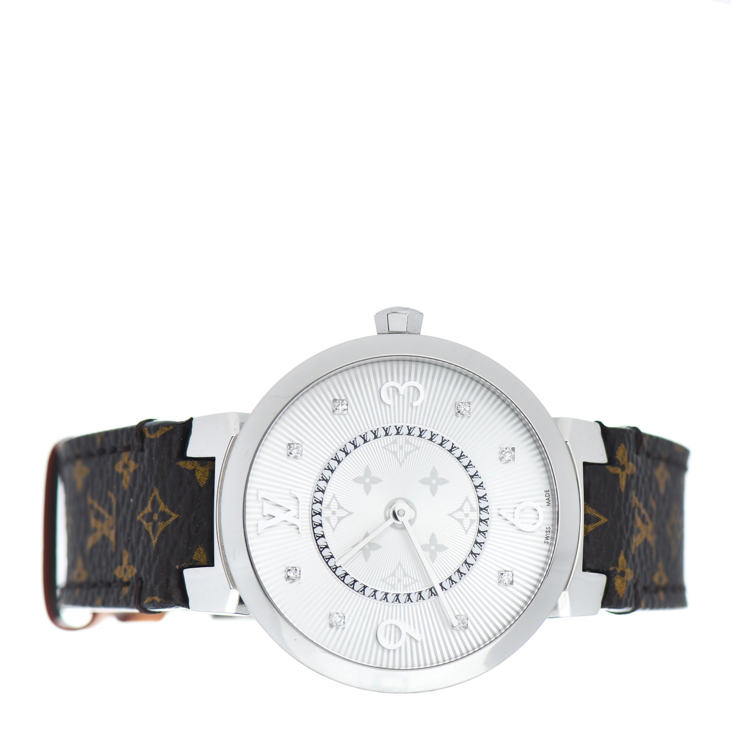 Stainless Steel Monogram Diamond 33mm Tambour Slim Quartz Watch