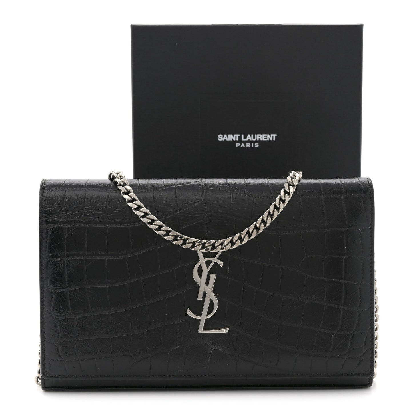 Crocodile Embossed Calfskin Monogram Chain Wallet Black