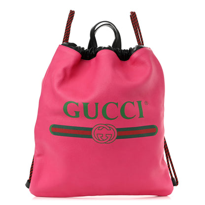 Gucci Grained Calfskin Logo Drawstring Backpack Box Pink Green Black 1 of 10