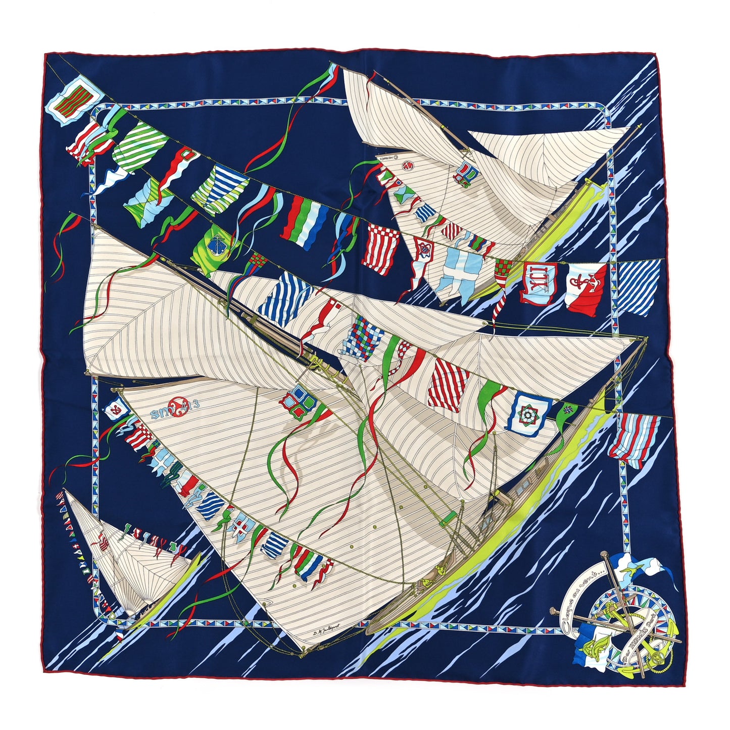Silk Claque Au Vent Scarf 70 Marine Sable Vert