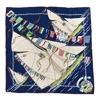 Hermes Silk Claque Au Vent Scarf 70 Marine Sable Vert 1 of 3