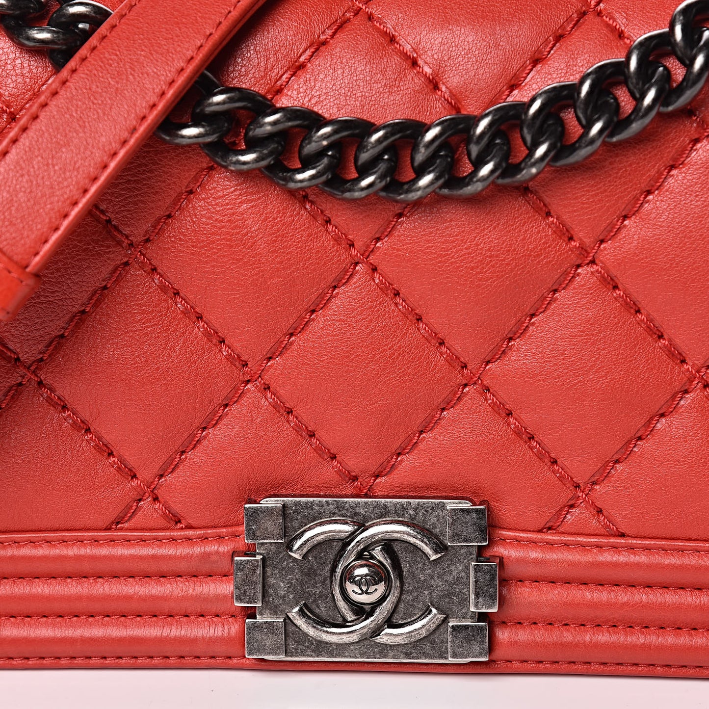 Calfskin Double Stitch Medium Boy Flap Red