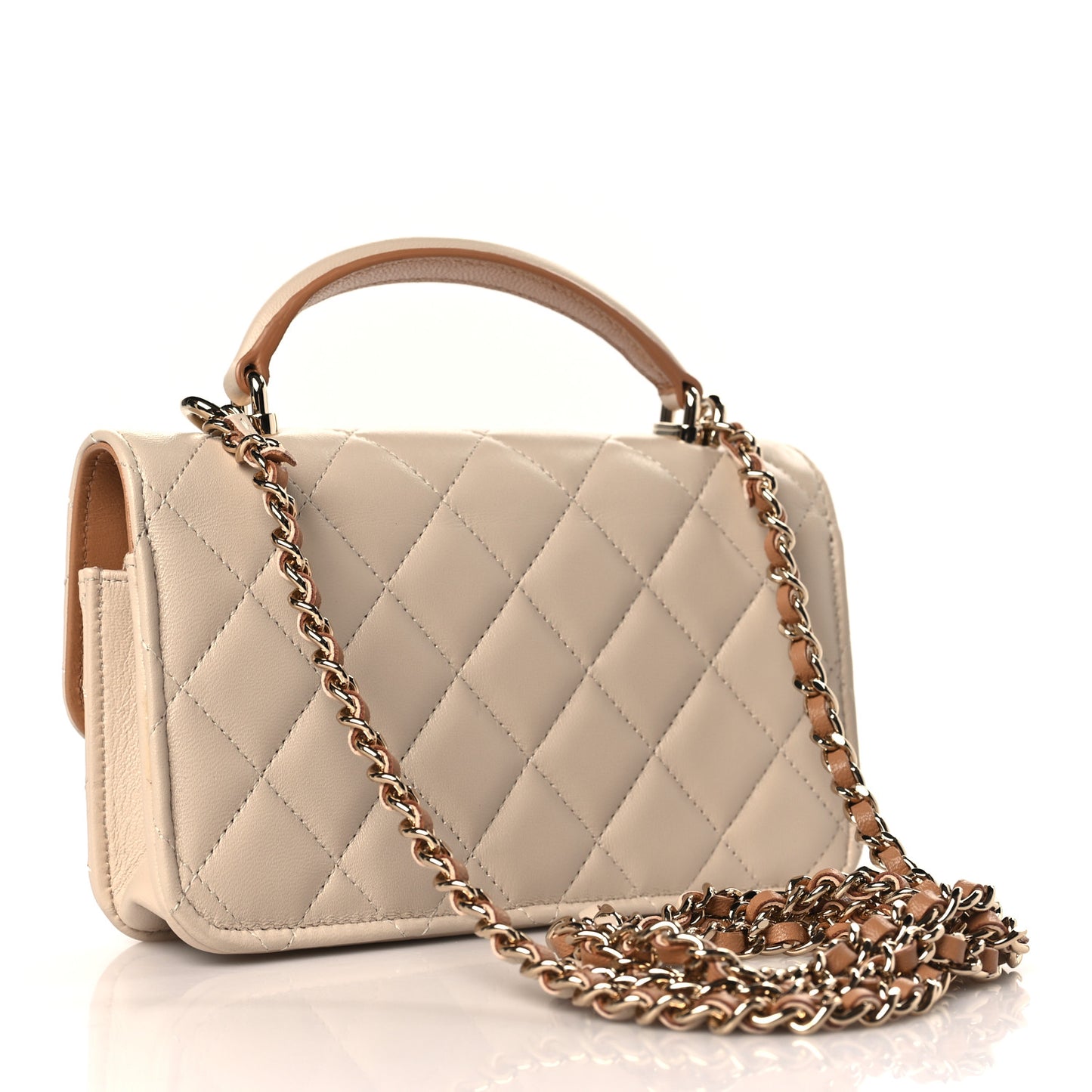 Lambskin Quilted Flap Phone Holder With Chain Beige Brown