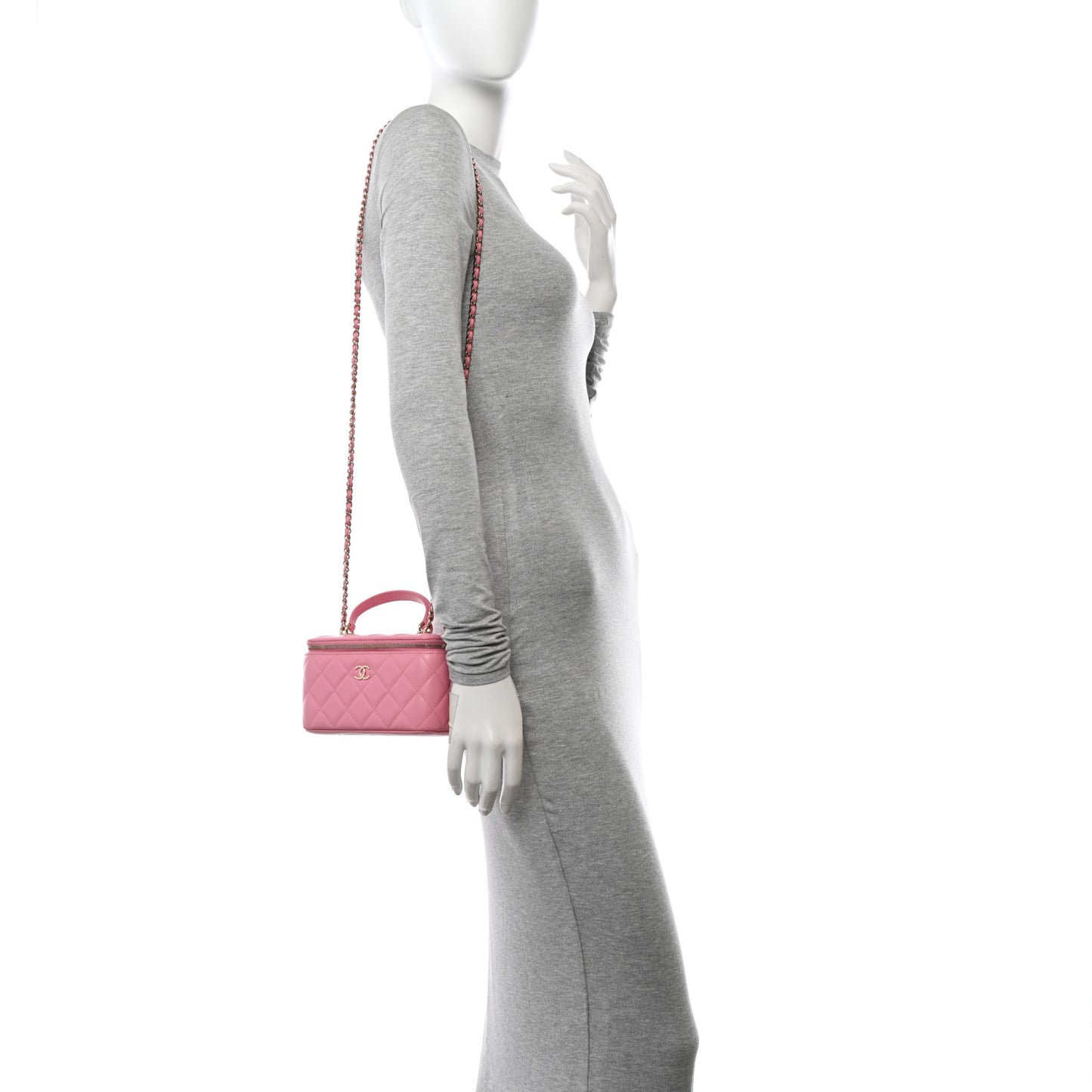 Lambskin Quilted Small Top Handle Vanity Case With Chain Pink