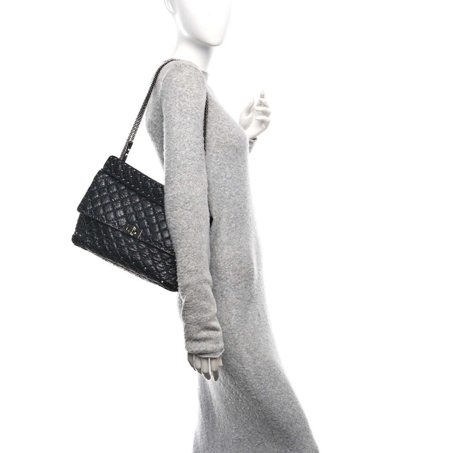 Craquele Nappa Large Rockstud Spike Shoulder Bag Black