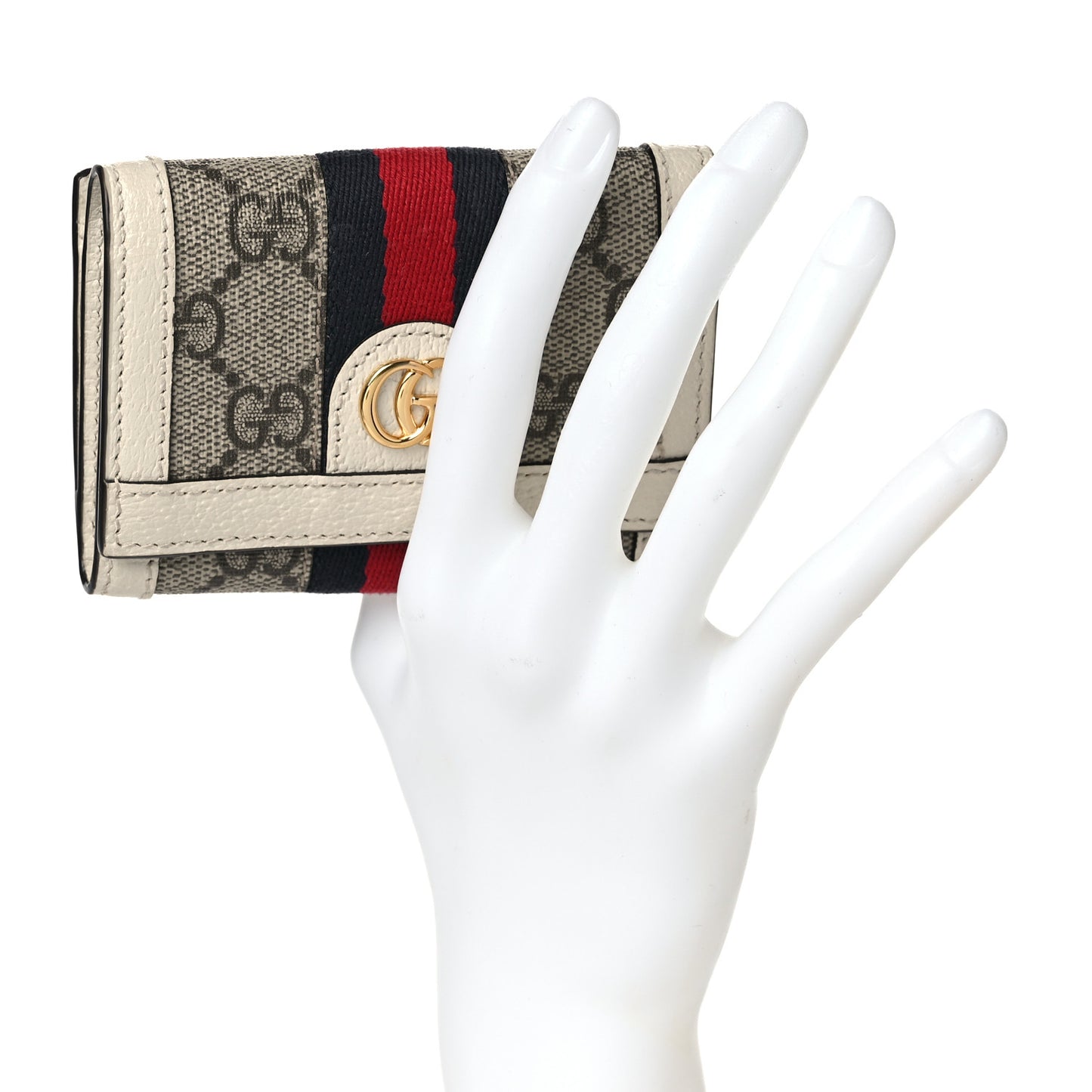 GG Supreme Monogram Textured Calfskin Web Ophidia Bi-Fold Wallet Beige Ebony Mystic White