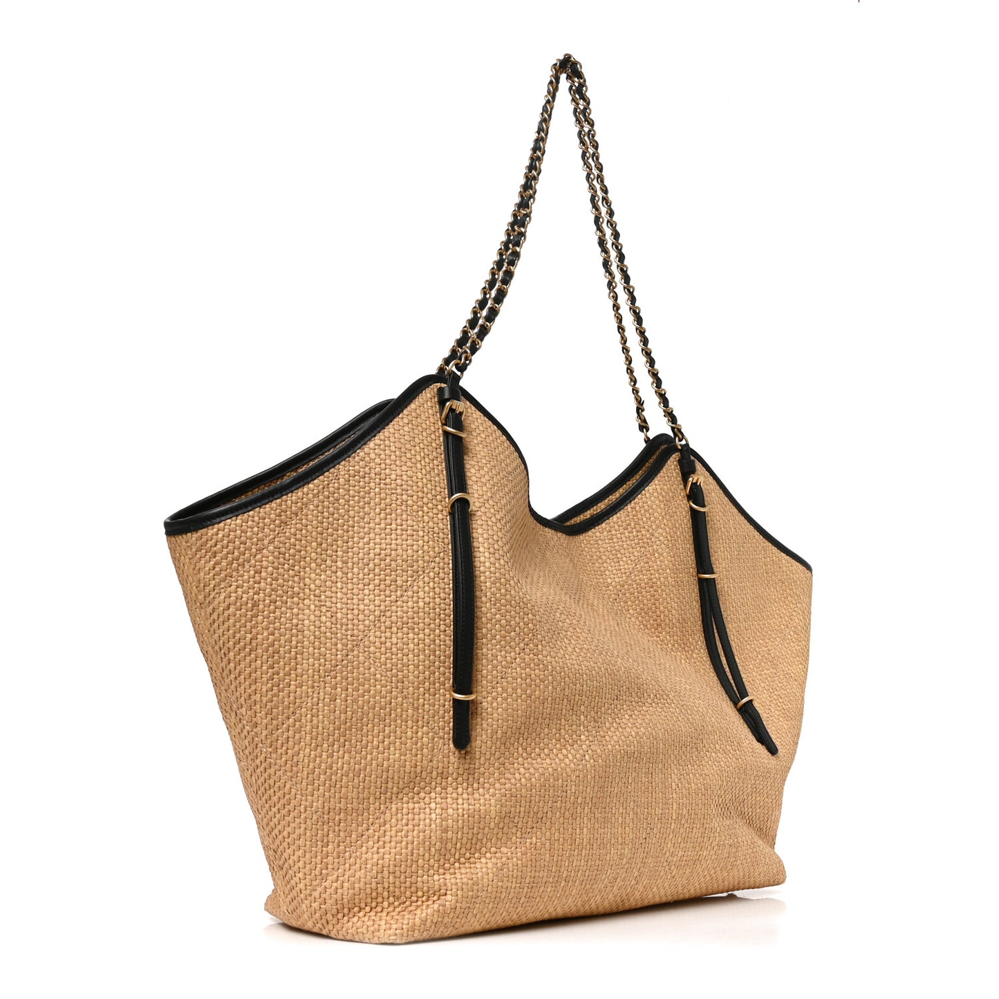 Braided Raffia Stitched Maxi Shopping Bag Dark Beige Black