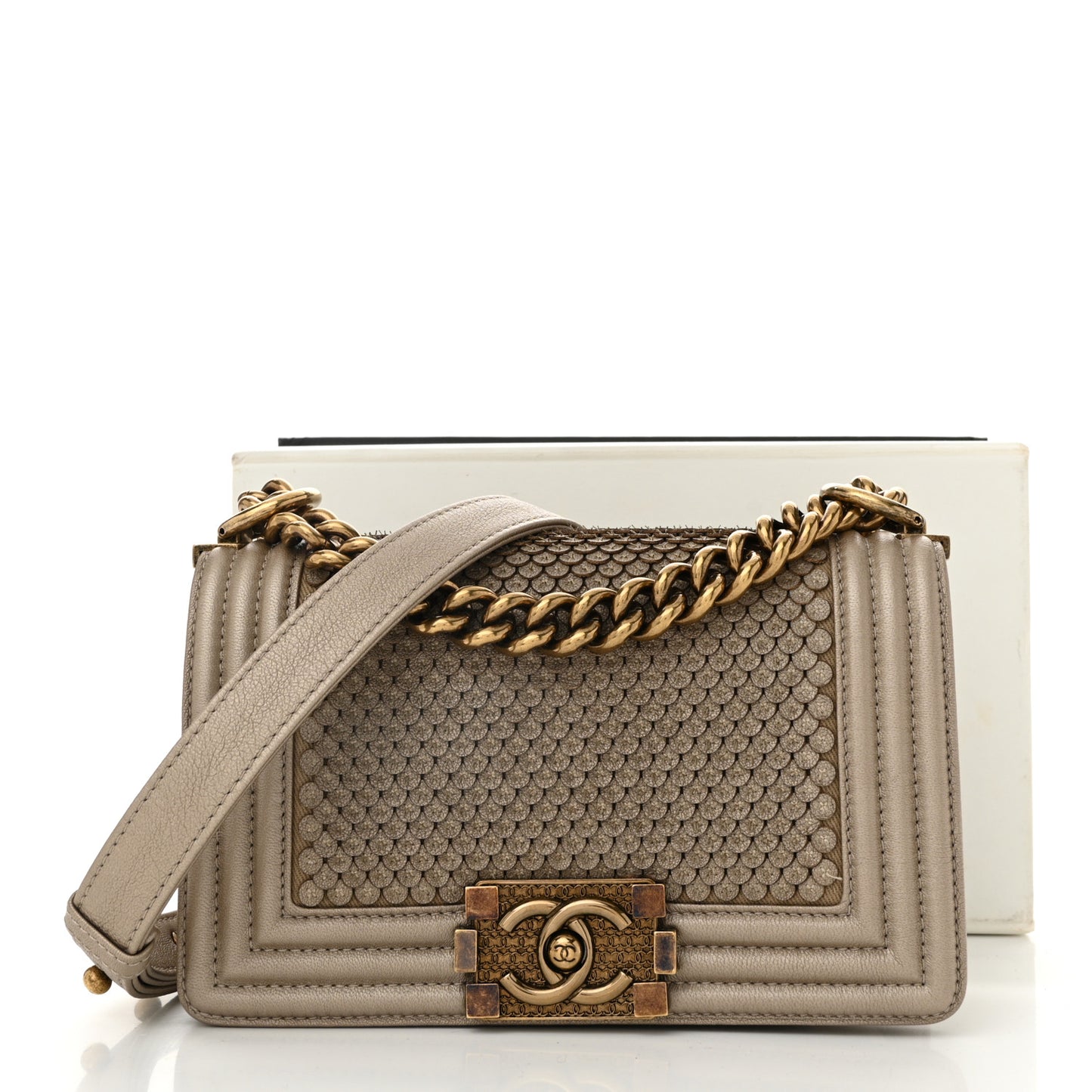 Metallic Lambskin Small Scaled Boy Flap Beige