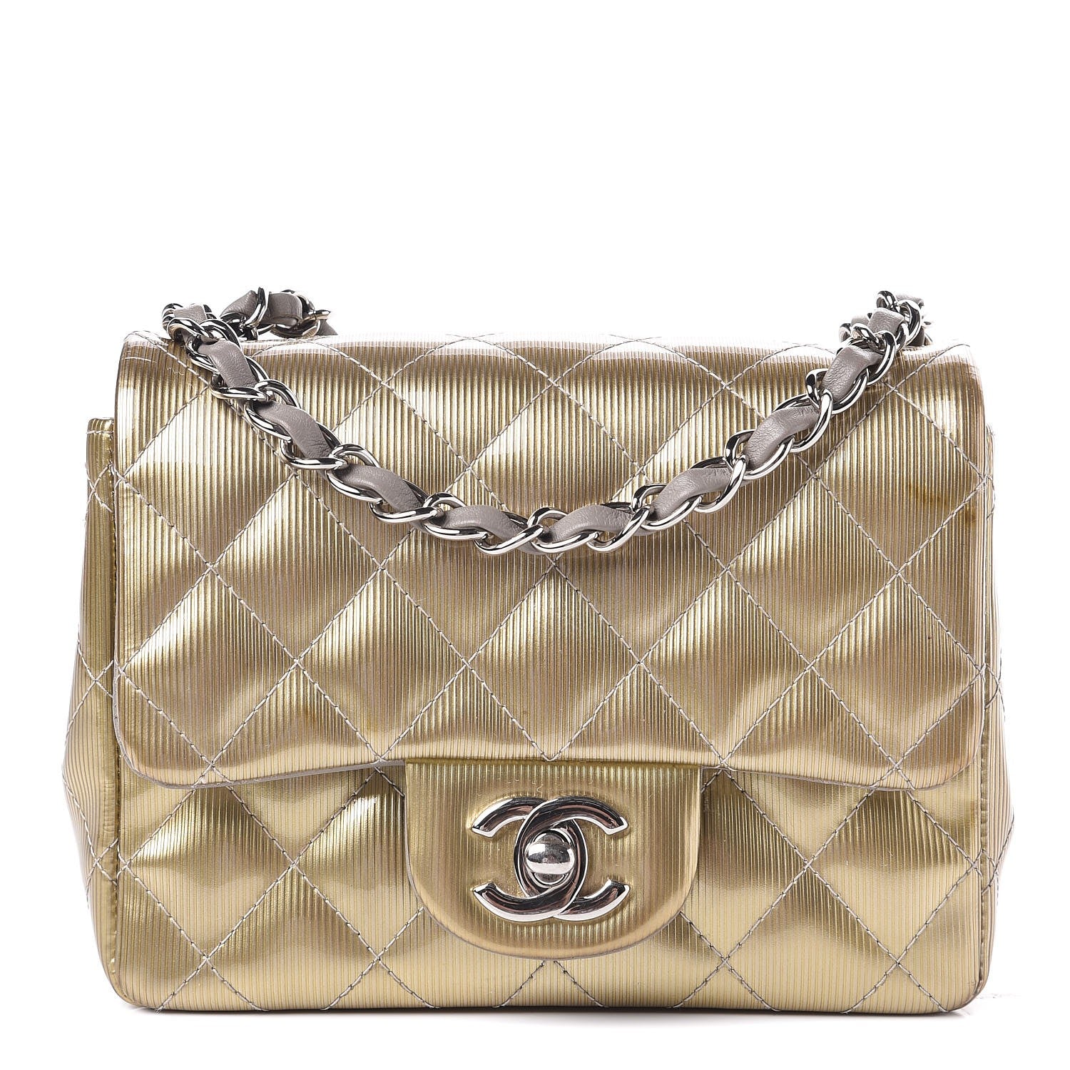 Chanel Striated Patent Quilted Mini Square Flap Gold 1 of 8