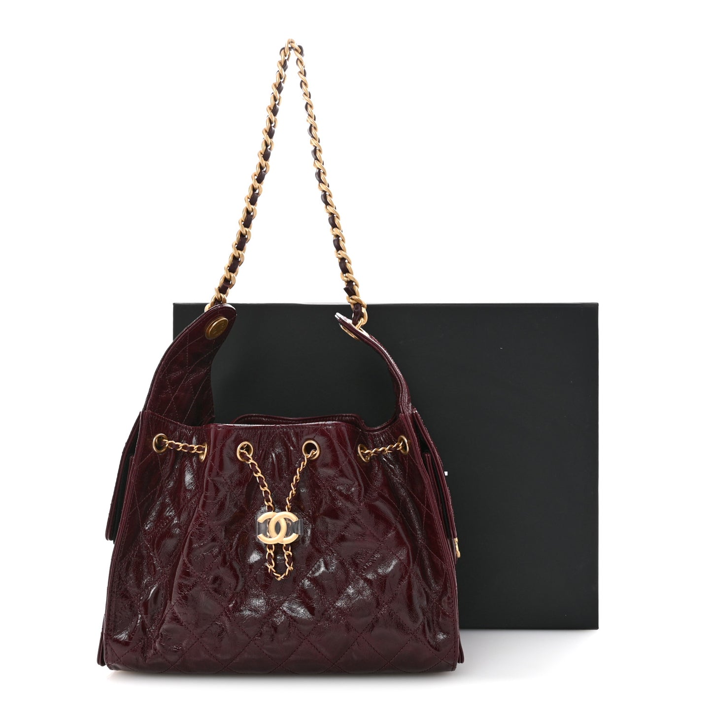 Shiny Crumpled Calfskin Quilted Small Chanel 25 Handbag Burgundy
