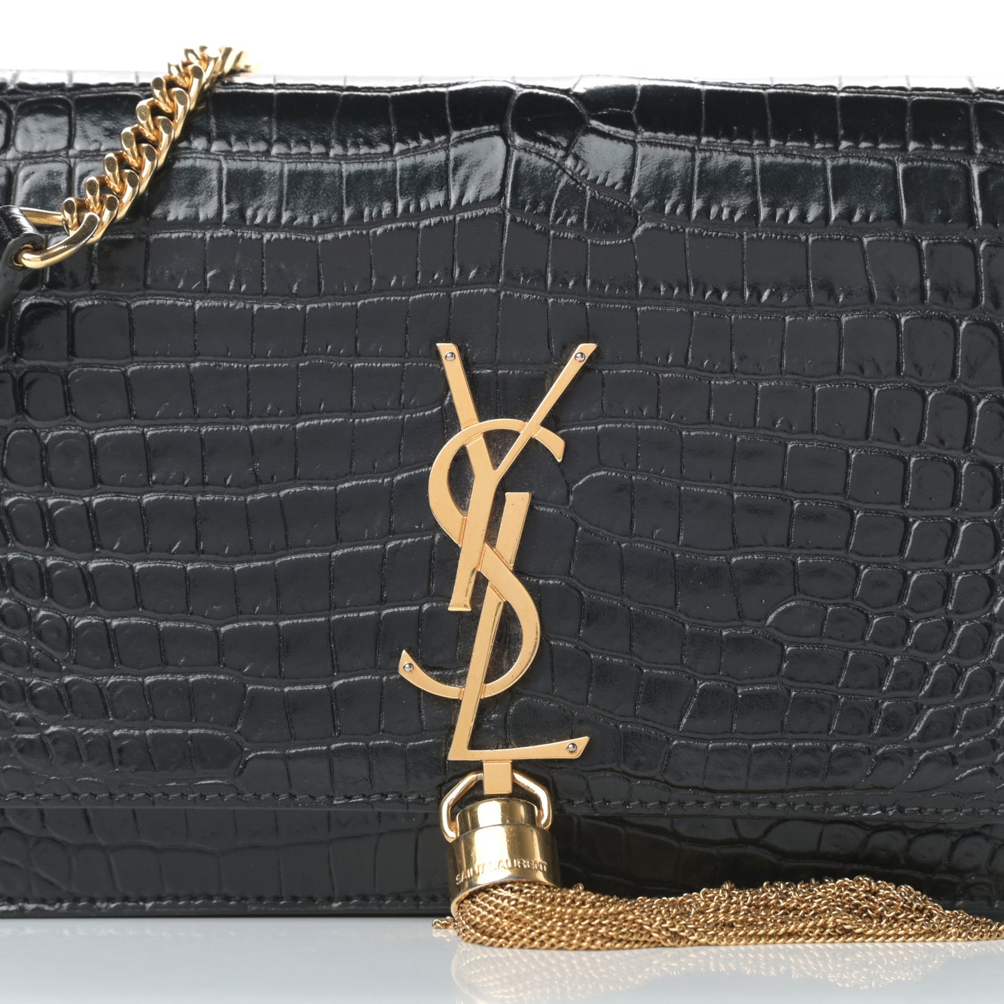 Calfskin Crocodile Embossed Kate Monogram Tassel Chain Wallet Black