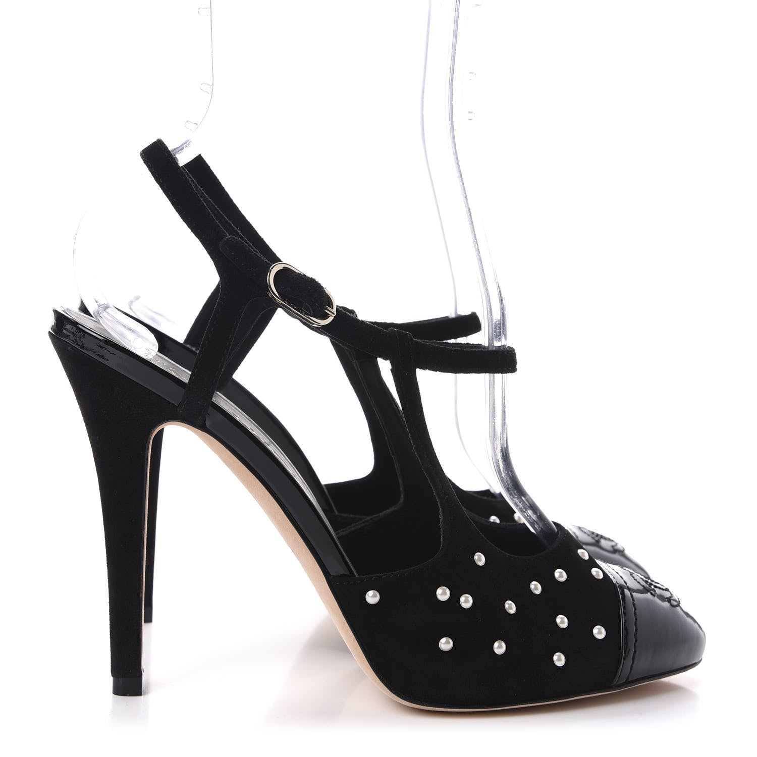 Chanel Suede Pearl Patent Cap Toe CC Ankle Strap Pumps 37.5 Black 4 of 9