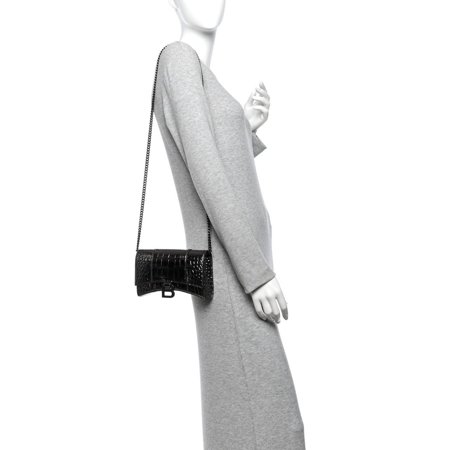 Shiny Metallic Calfskin Crocodile Embossed Hourglass Chain Bag Gunmetal
