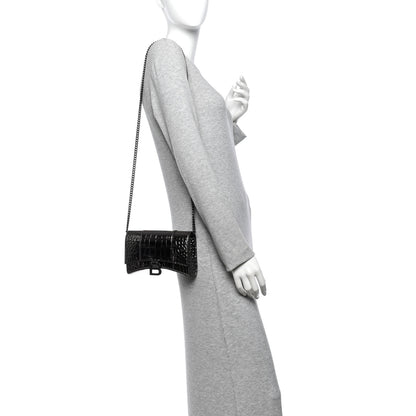 Balenciaga Shiny Metallic Calfskin Crocodile Embossed Hourglass Chain Bag Gunmetal 2 of 10