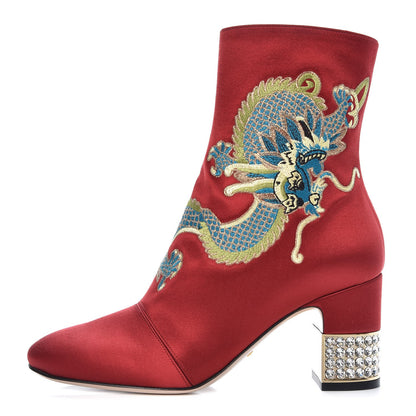 Gucci Silk Satin Malaga Kid Embroidered Candy Dragon Block-Heel Ankle Boot 36.5 Red 1 of 11