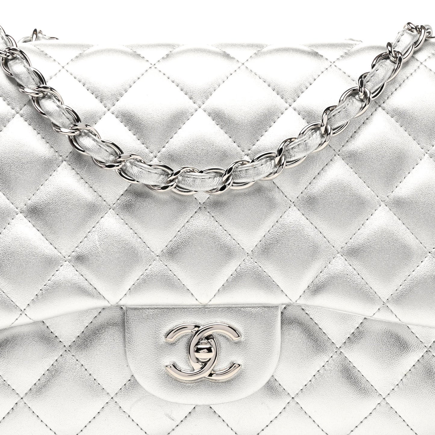 Metallic Lambskin Quilted Jumbo Single Flap Silver