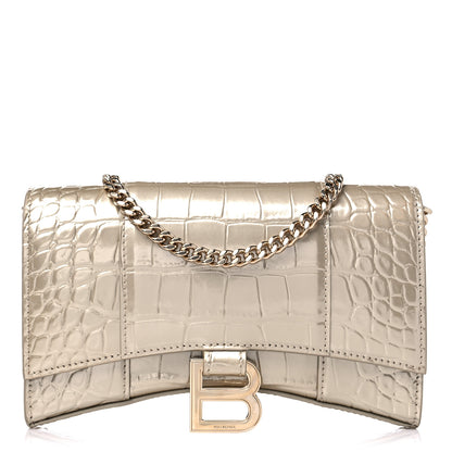 Balenciaga Shiny Calfskin Crocodile Embossed Hourglass Chain Bag Light Gold 1 of 10
