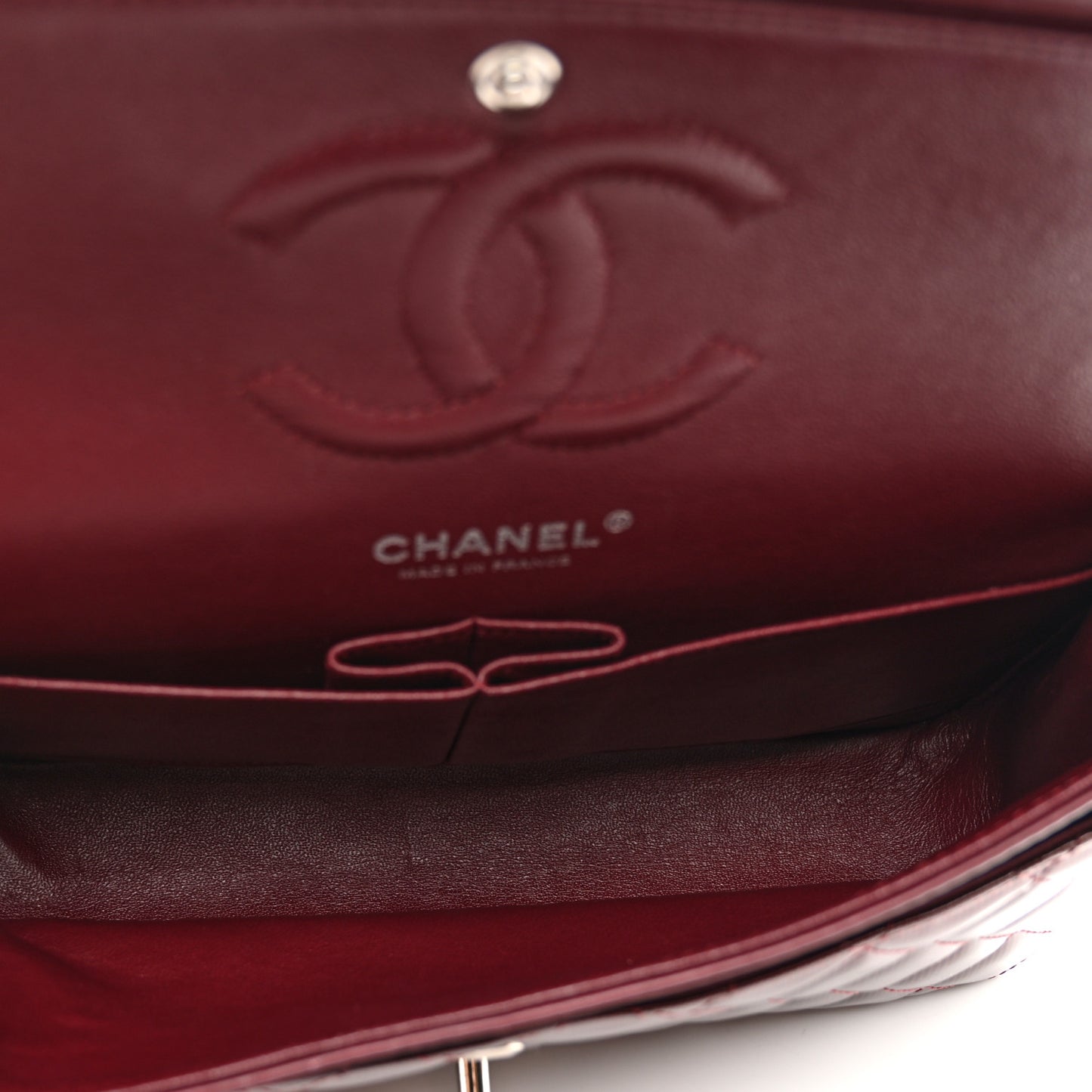 Striated Patent Quilted Medium Double Flap Burgundy