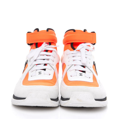 Chanel Suede Calfskin Lambskin Neoprene High Top CC Sneakers 40 White Fluo Orange 2 of 8