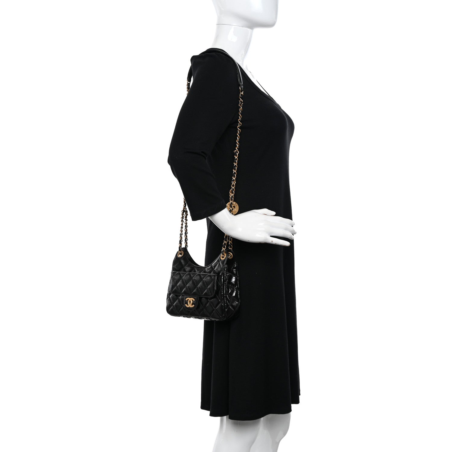 Chanel Shiny Crumpled Calfskin Quilted Small Wavy CC Hobo Black 2 of 11