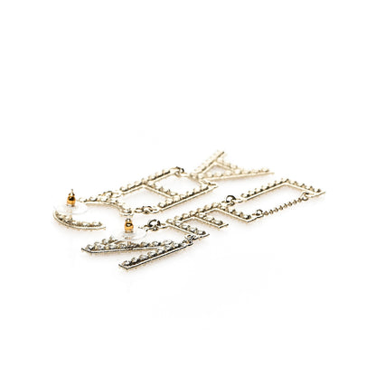 Chanel Crystal Cha-Nel Logo Drop Earrings Gold 3 of 5
