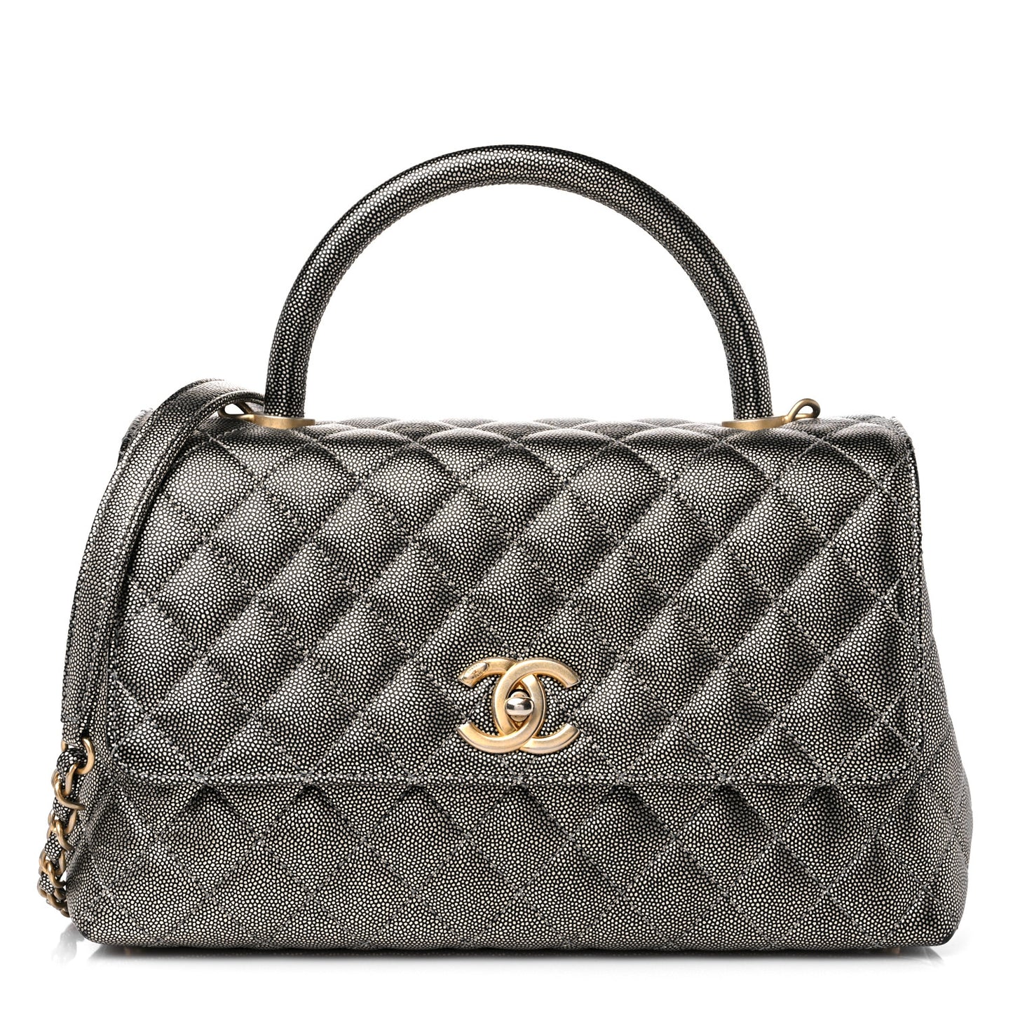 Metallic Caviar Quilted Small Coco Handle Flap Silver