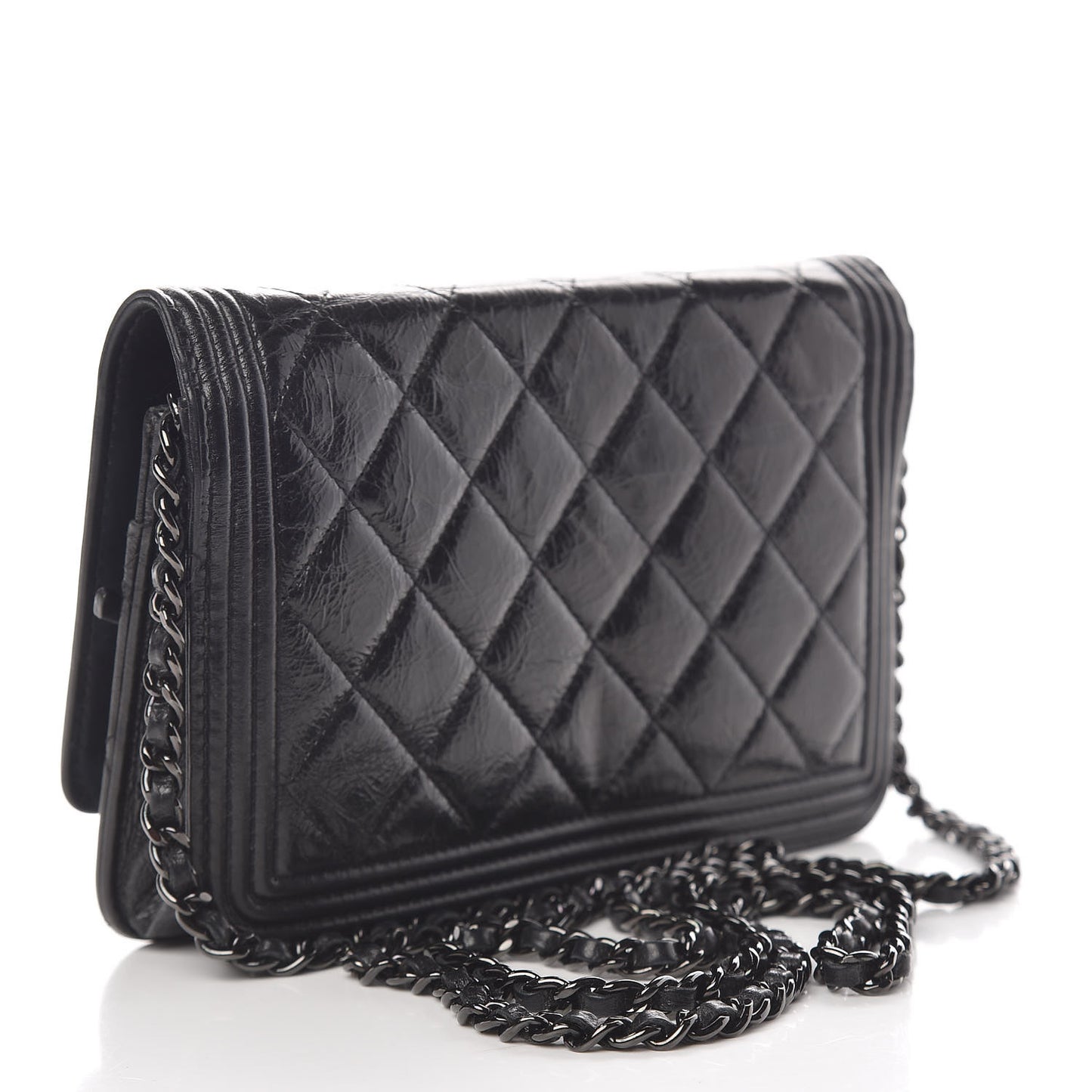 Shiny Aged Calfskin Quilted Boy Wallet On Chain WOC Black