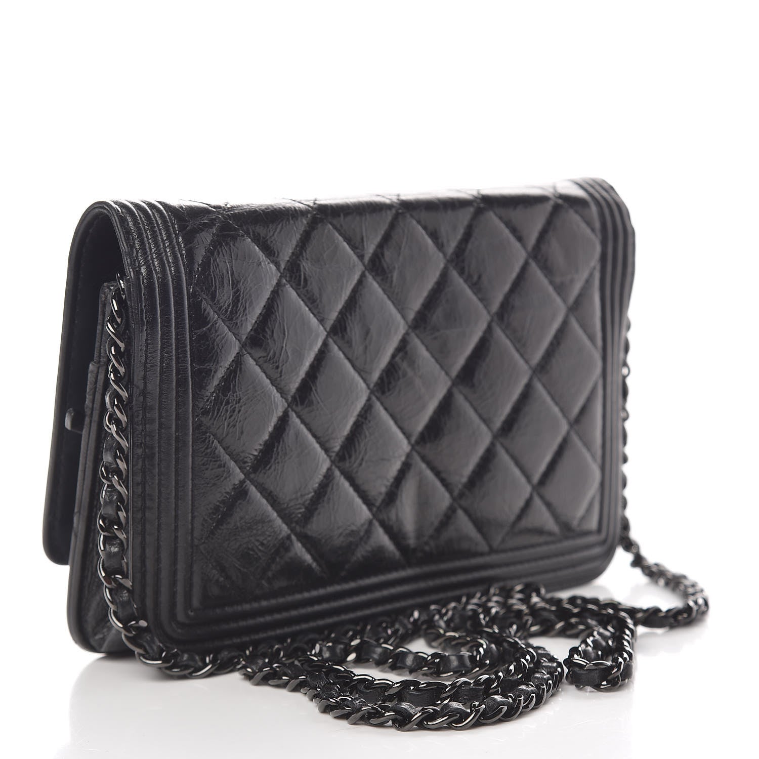 Chanel Shiny Aged Calfskin Quilted Boy Wallet On Chain WOC Black 3 of 19