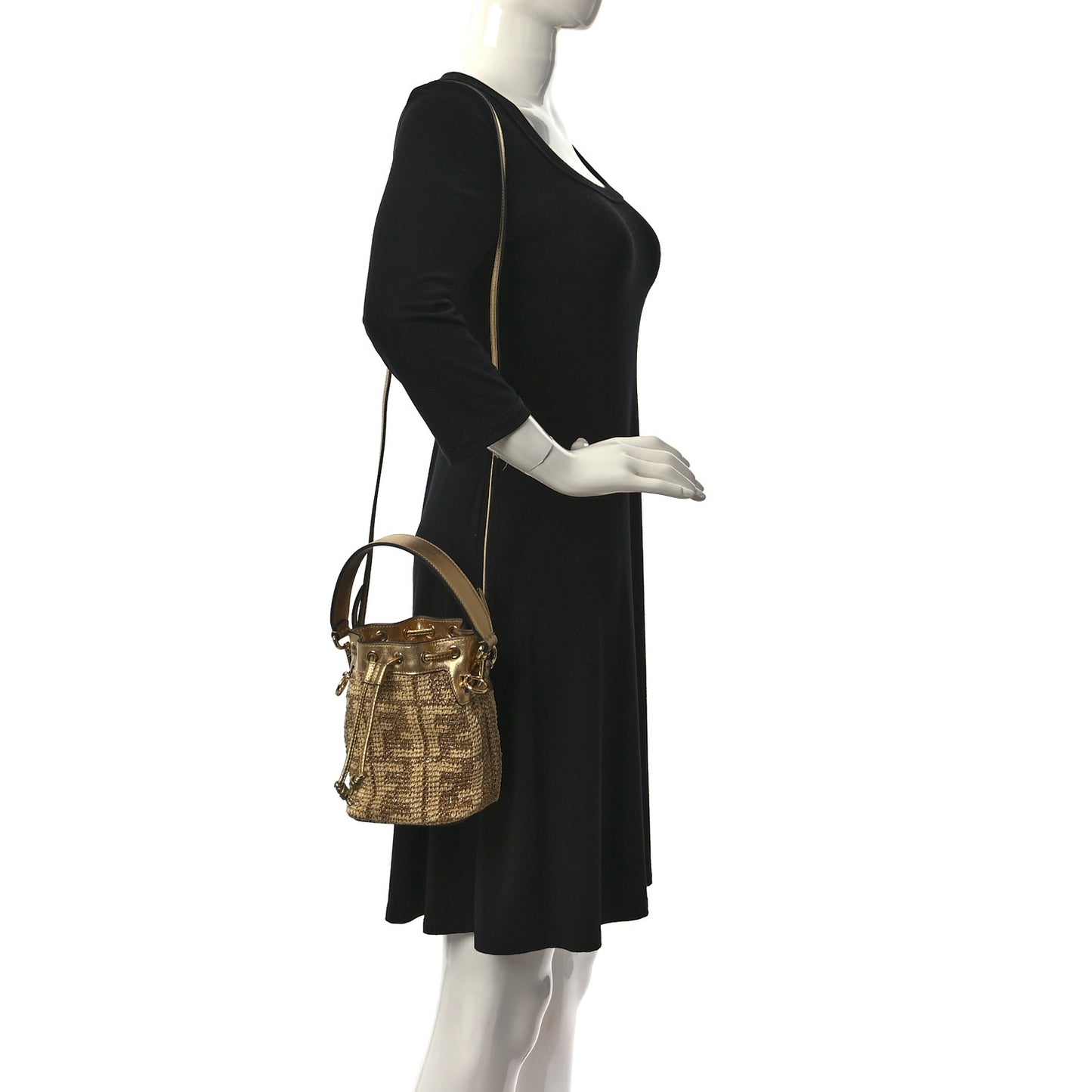 Raffia Lurex Vitello Laminato F is Fendi FF Crochet Mini Mon Tresor Bucket Bag Natural Oro