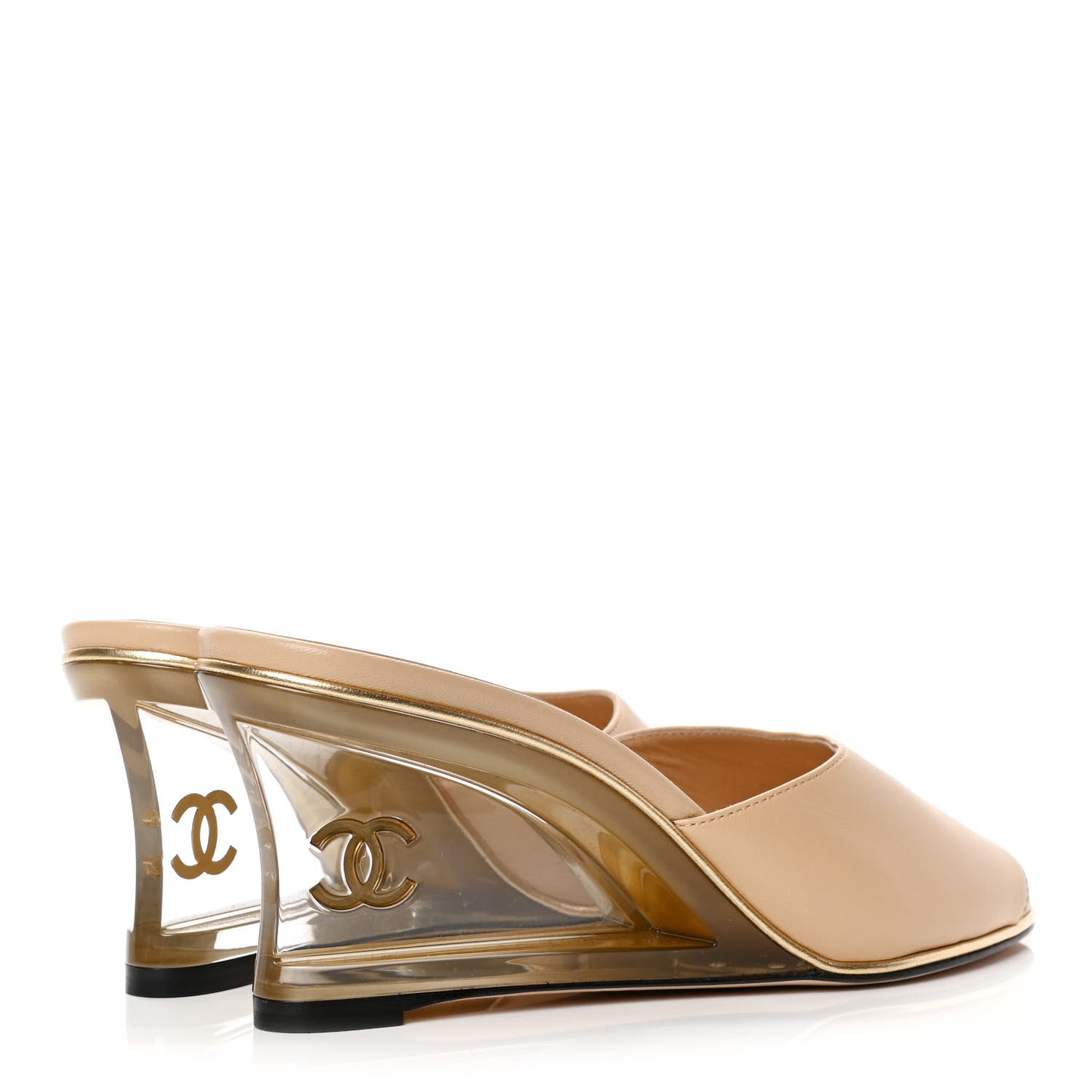 Lambskin Lucite CC Wedge Mules 38.5 Beige