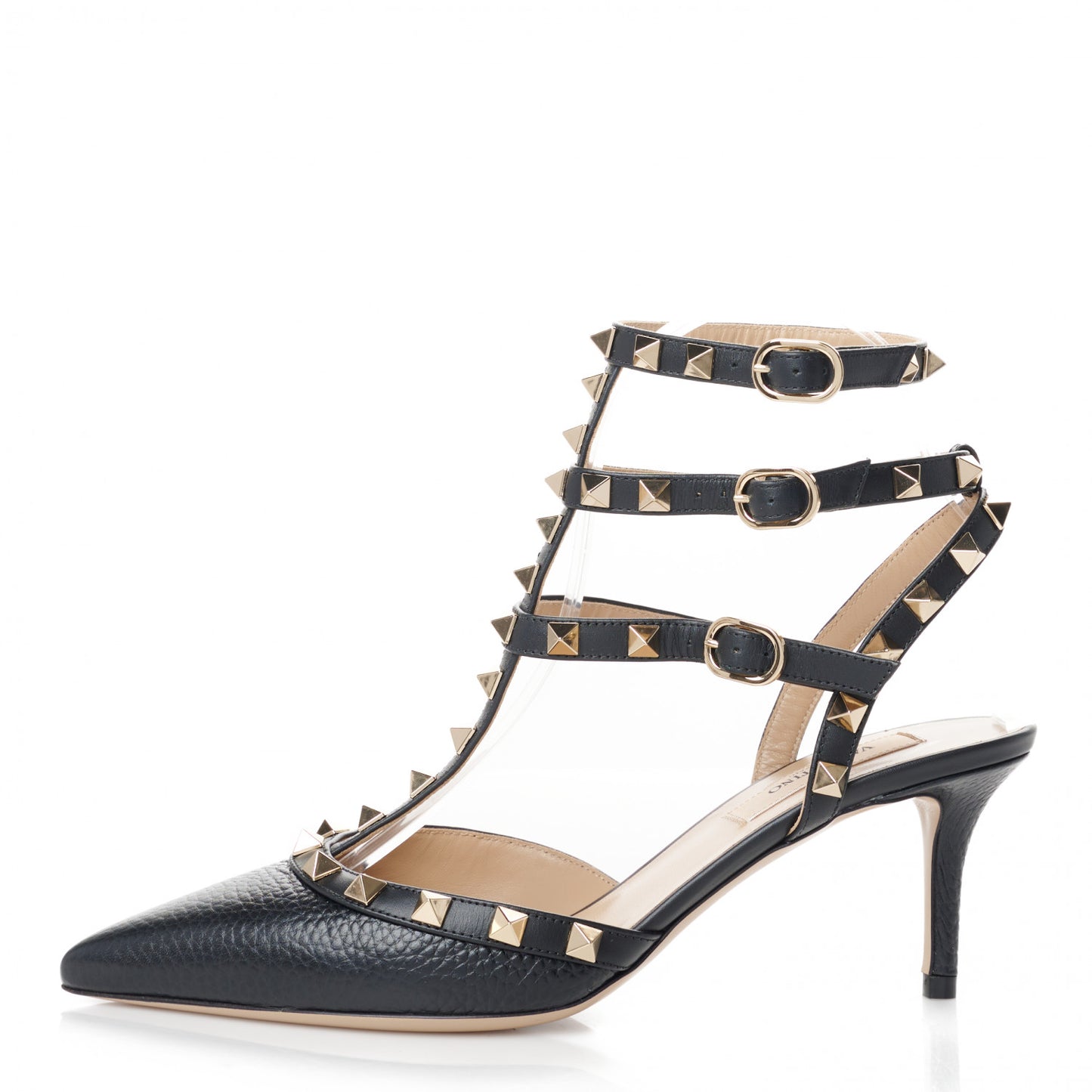 Pebbled Calfskin Rockstud Ankle Strap 65mm Pumps 37 Black
