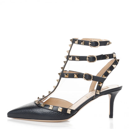 Valentino Garavani Pebbled Calfskin Rockstud Ankle Strap 65mm Pumps 37 Black 1 of 9