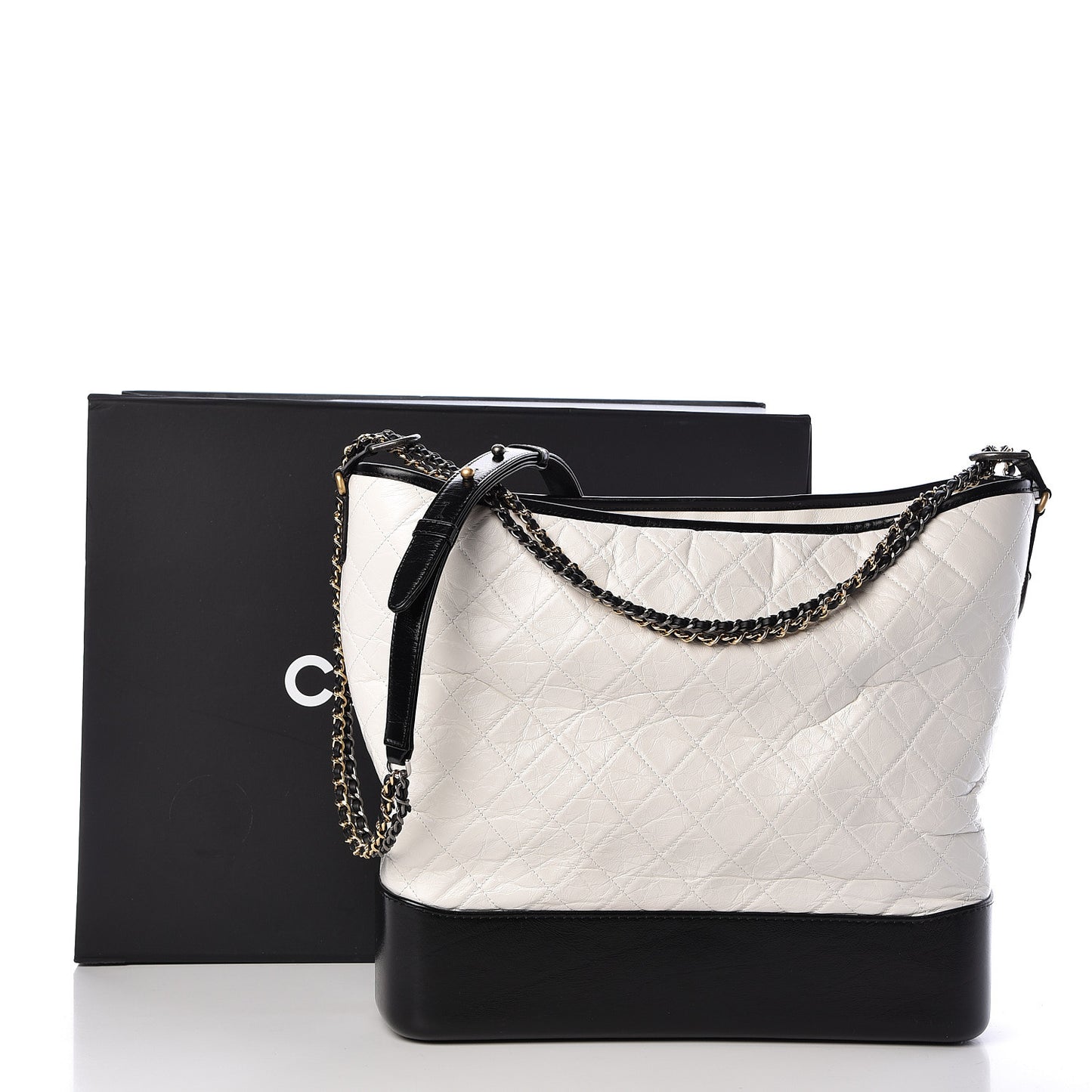 Aged Calfskin Quilted Maxi Gabrielle Hobo White Black