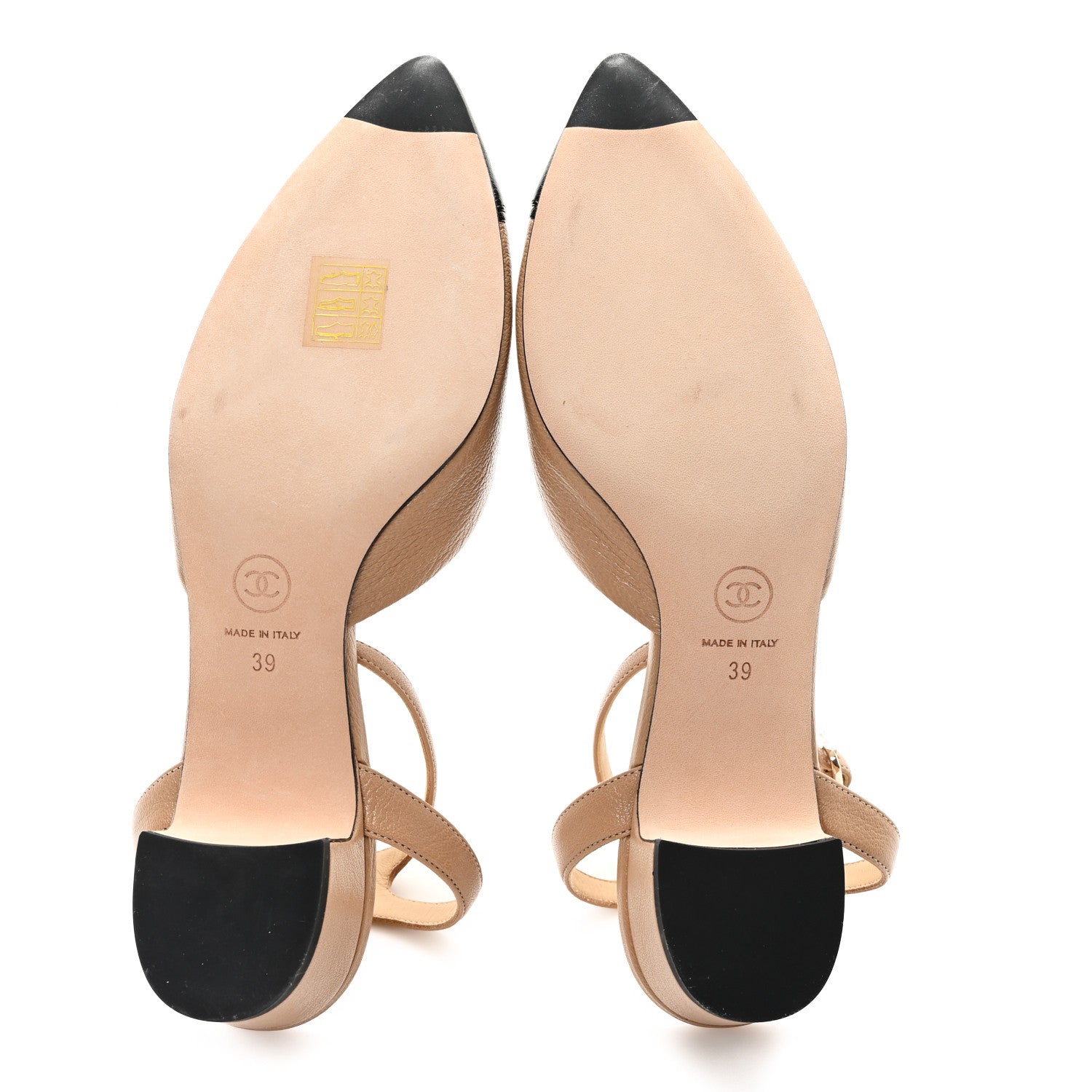 Chanel Goatskin Grosgrain Cap Toe CC Slingback Pumps 39 Beige Black 6 of 9
