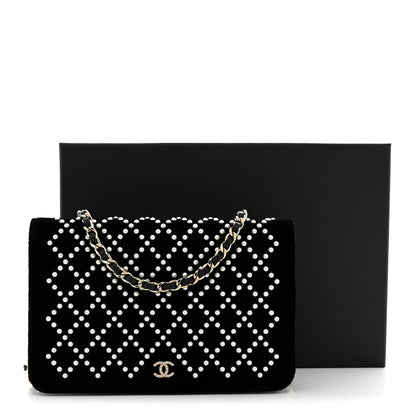 Chanel Velvet Pearl Diamond Embellished Wallet On Chain WOC Black 12 of 12
