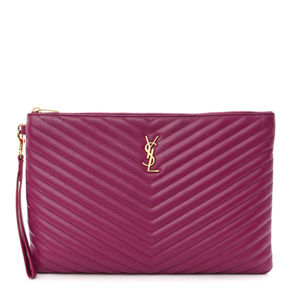 Saint Laurent Calfskin Matelasse Chevron Monogram Document Holder Dark Grape 1 of 14