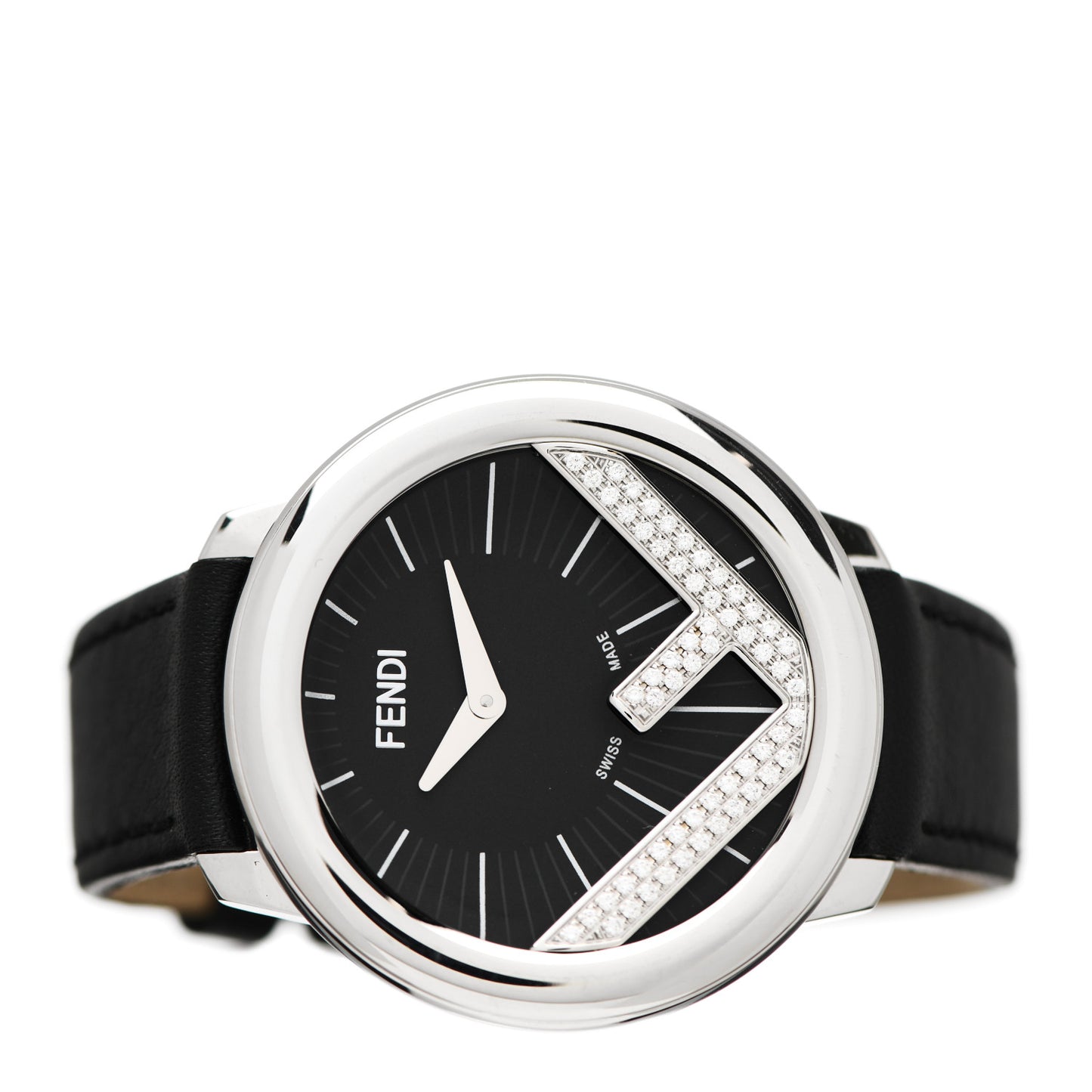 Stainless Steel Calfskin Diamond 36mm Fendi Run Away Quartz Watch Black
