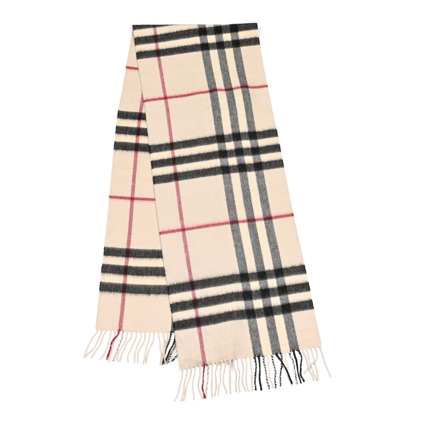 Cashmere Giant Check Fringe Scarf Ivory