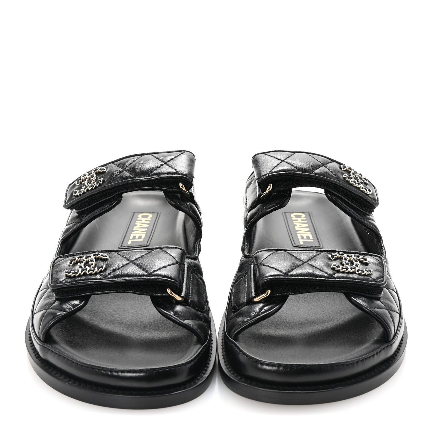 Lambskin Quilted Velcro Dad Chain CC Slide Sandals 36.5 Black