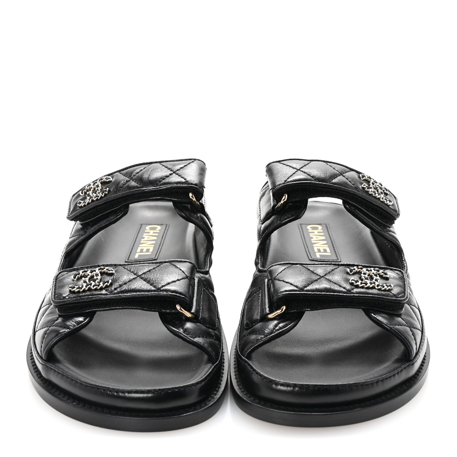 Chanel Lambskin Quilted Velcro Dad Chain CC Slide Sandals 36.5 Black 3 of 10
