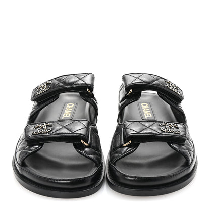 Chanel Lambskin Quilted Velcro Dad Chain CC Slide Sandals 36.5 Black 3 of 10