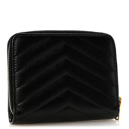 Saint Laurent Grain De Poudre Matelasse Chevron Monogram Compact Zip Around Wallet Black 3 of 10