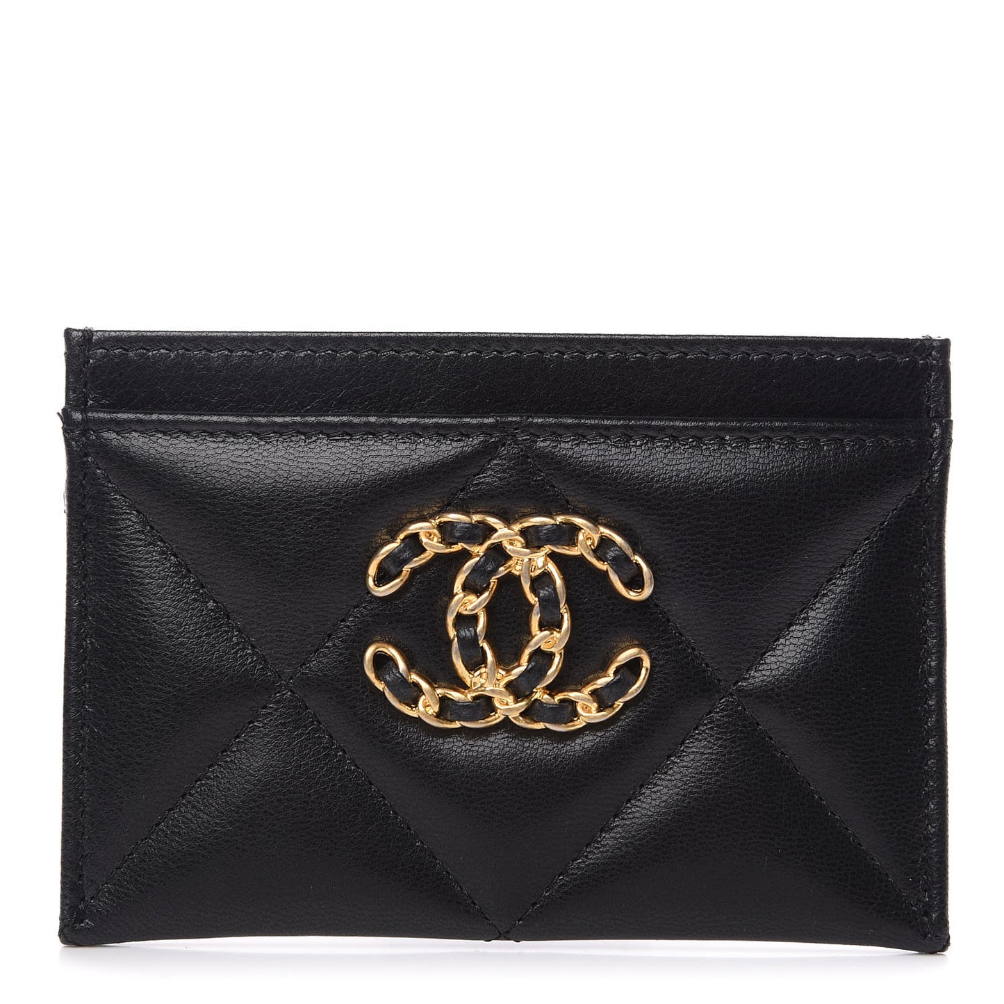 Shiny Goatskin Quilted Chanel 19 Card Holder Black