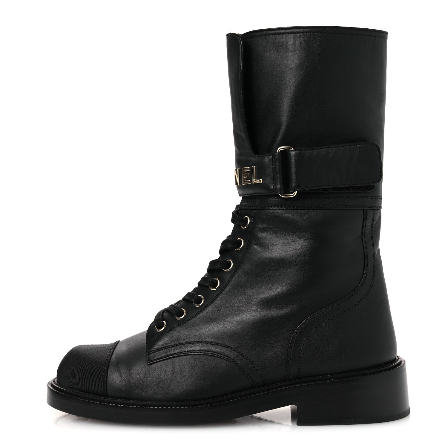 Chanel Calfskin Grosgrain Lace Up Combat Boots 38.5 Black 1 of 12